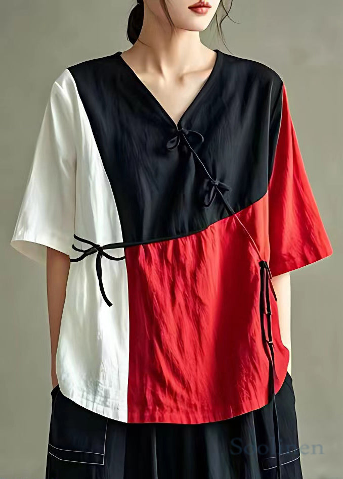 Black V Neck Button Cotton Blouse Summer