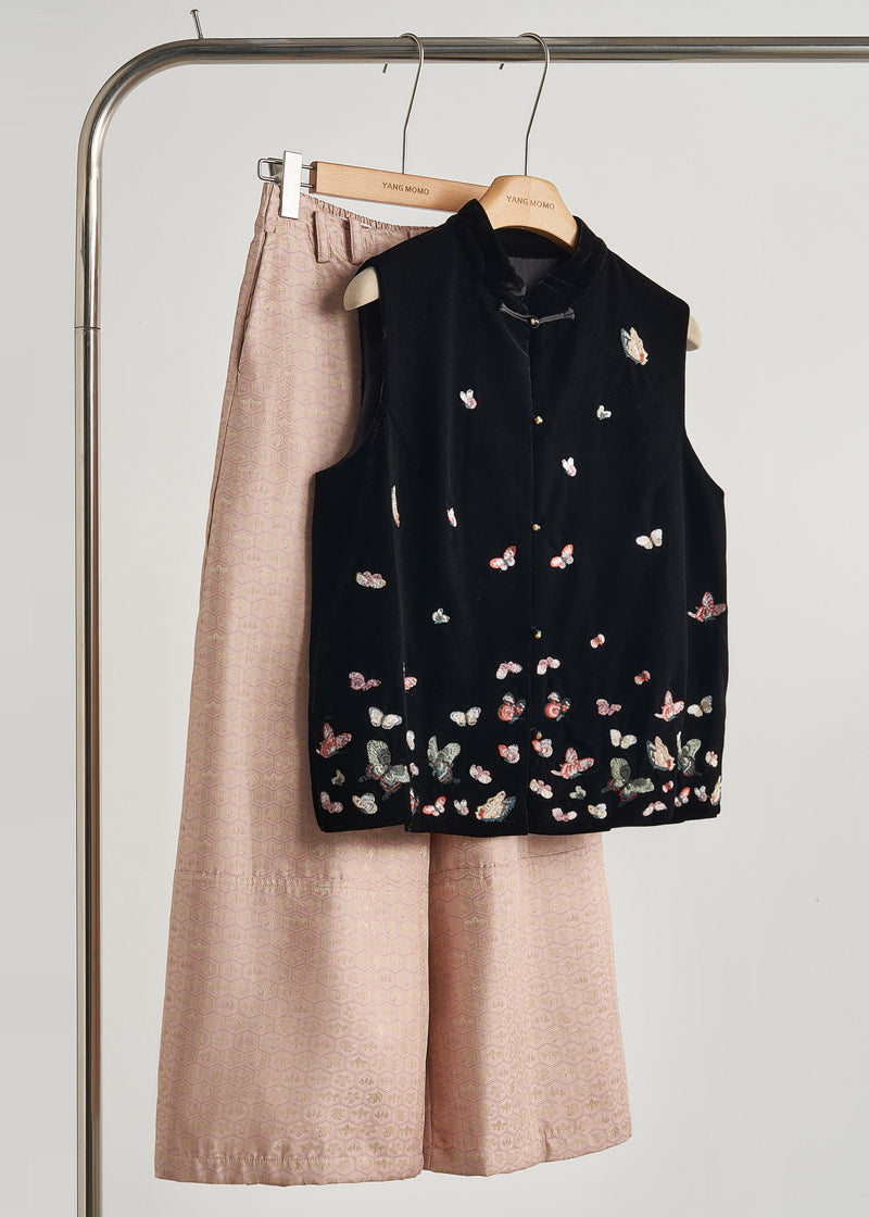 Modern Black Embroidered Butterfly Silk Velvet Vest Fall