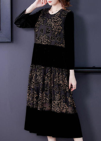 Black Embroideried Tulle Patchwork Silk Velour Dresses Spring