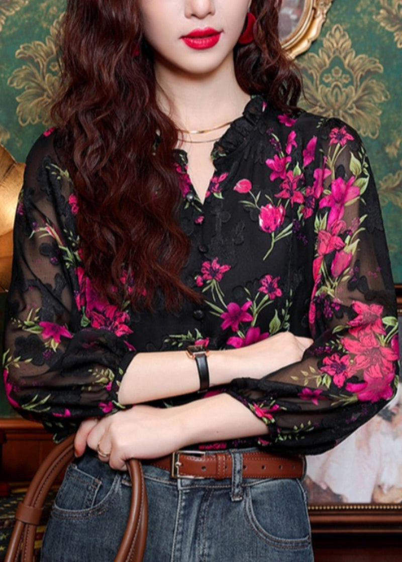 Black Ruffled Print Button Chiffon Shirt Long Sleeve