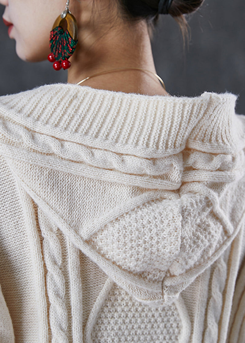 Stylish White Hooded Pockets Cable Knit Coats Winter