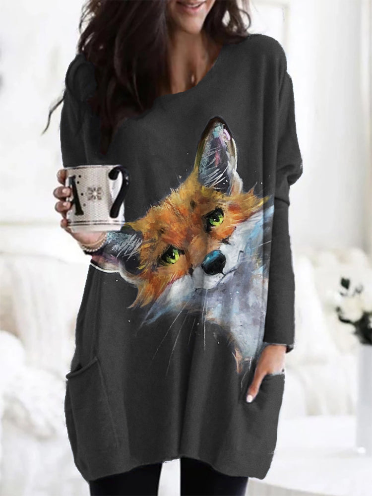 Fuzzy Peeking Fox Painting Cozy Tunic artswardrobe