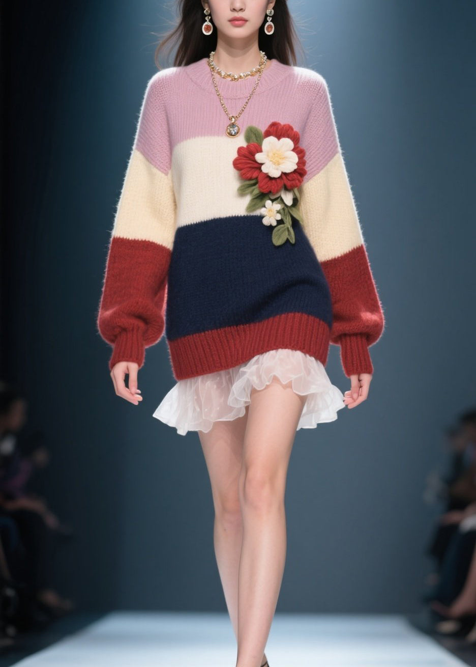 Colorblock O Neck Tulle Patchwork Knit Sweater Dress Fall