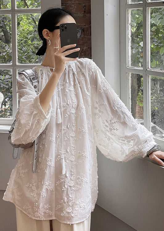 Cozy White Embroideried Cotton Shirt Tops Fall