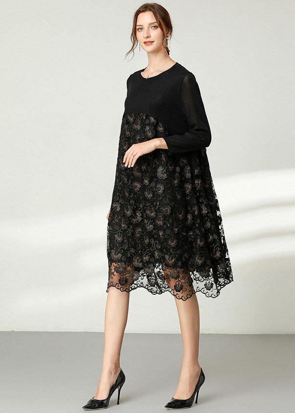 Black Lace Patchwork Fall Dress Long Sleeve