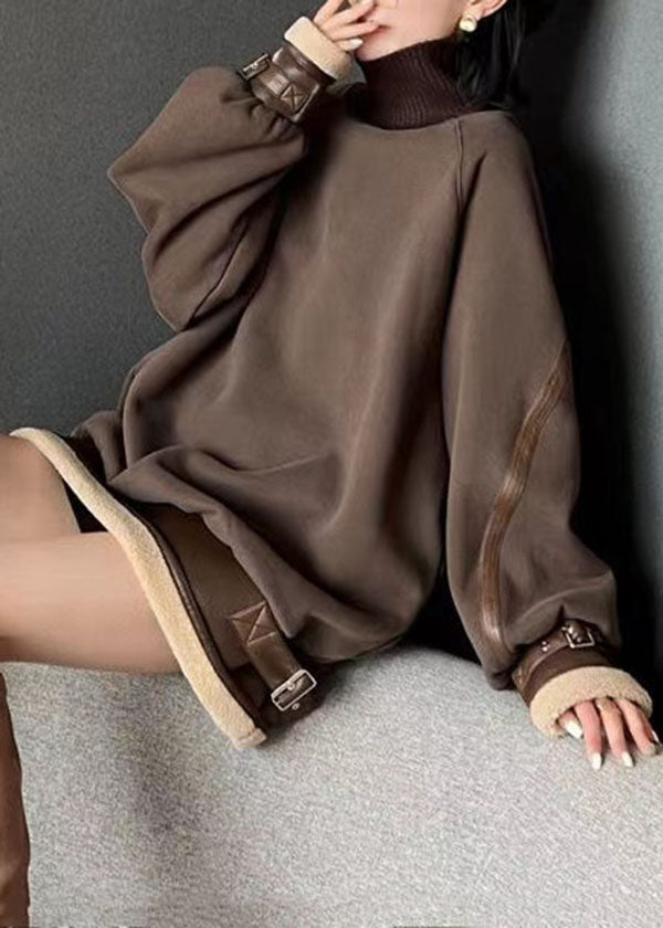 Loose Brown Turtleneck Patchwork Cotton Pullover Fall