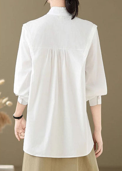 Simple White Stand Collar Button Cotton Shirts Spring