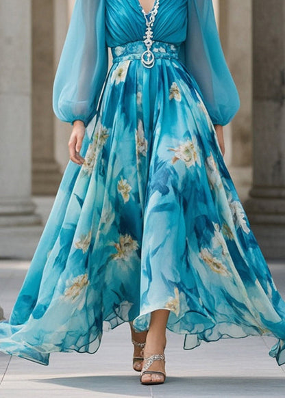 Sea Blue Print Chiffon Party Dress Cinched Exra Large Hem Spring