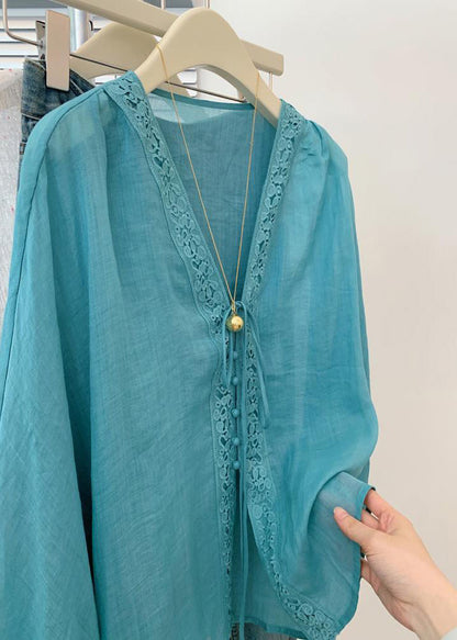 Blue V Neck Hollow Out Top Fall