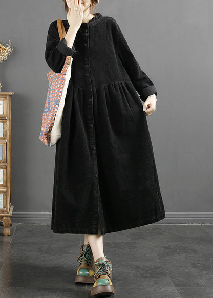Coffee Square Collar Wrinkled Patchwork Corduroy Long Trench Coats Long Sleeve