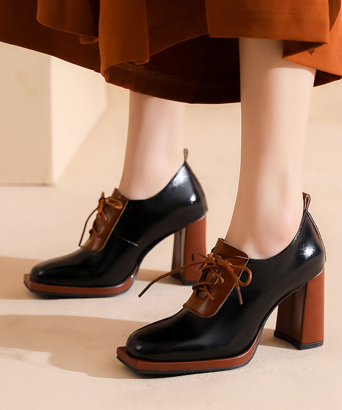 Lace Up Splicing Chunky High Heels Beige Cowhide Leather