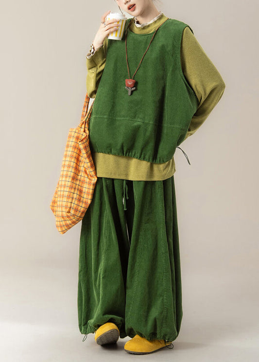 Grass Green Vest T Shirt and Pants Corduroy Three Pieces Set Spring