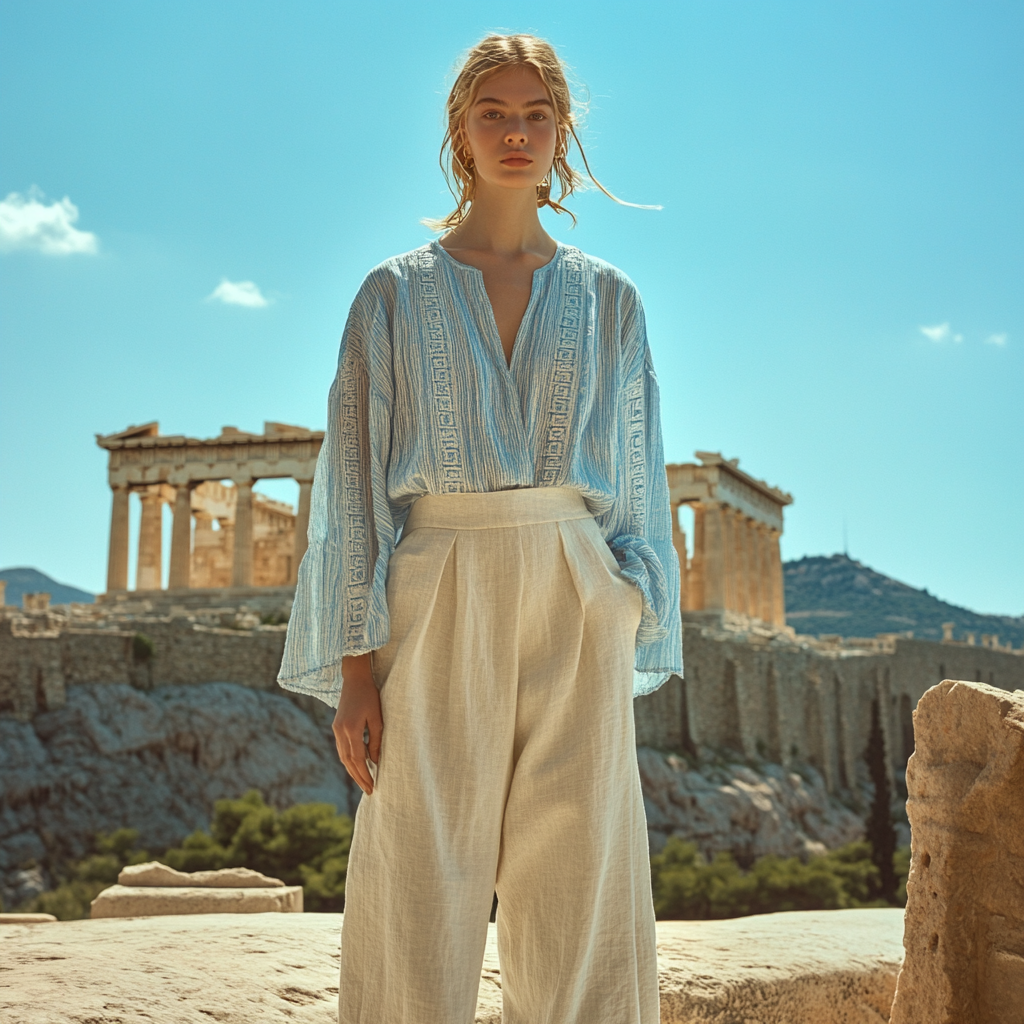 Greek Key Linen Women's V-neck Shirt artswardrobe