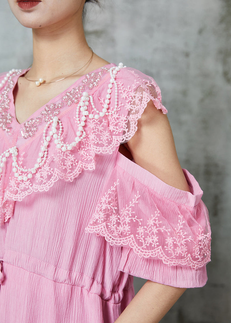 Pink Cold Shoulder Patchwork Chiffon Holiday Dress Summer