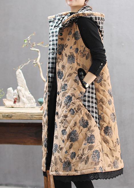 Loose Fitting Coats Yellow Print Hooded Sleeveless Coat