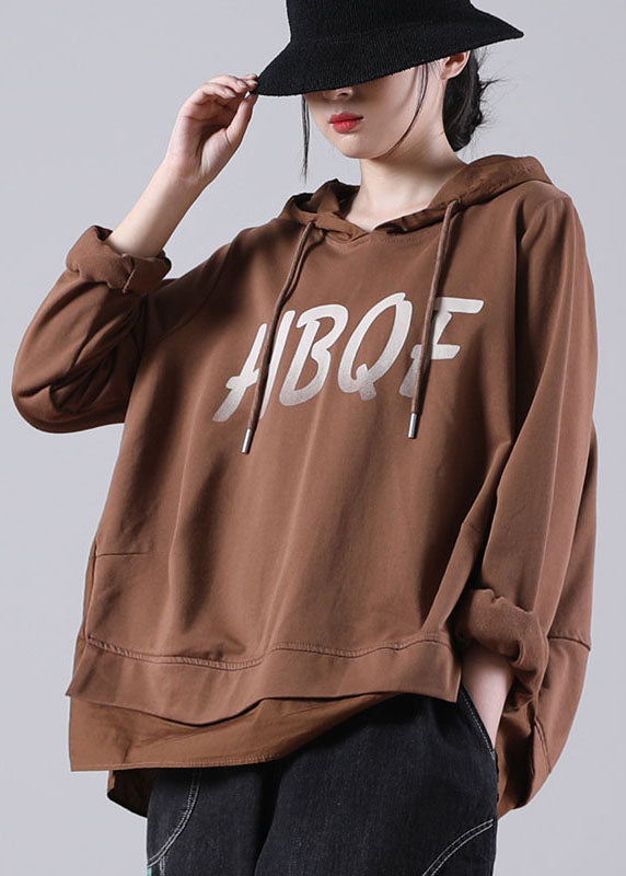 Brown Hooded Drawstring Graphic Fall Patchwork Sweatshirts Top