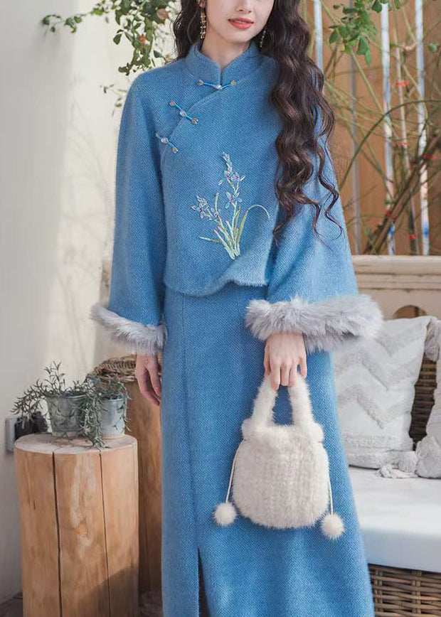 Blue Fur Collar Tops and Skirts Cotton Filled Two Pieces Set Winter
