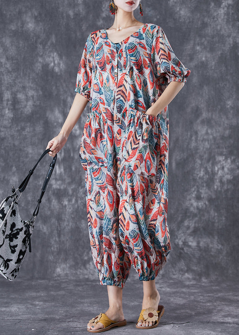 Red Feather Print Pockets Linen Jumpsuit Summer