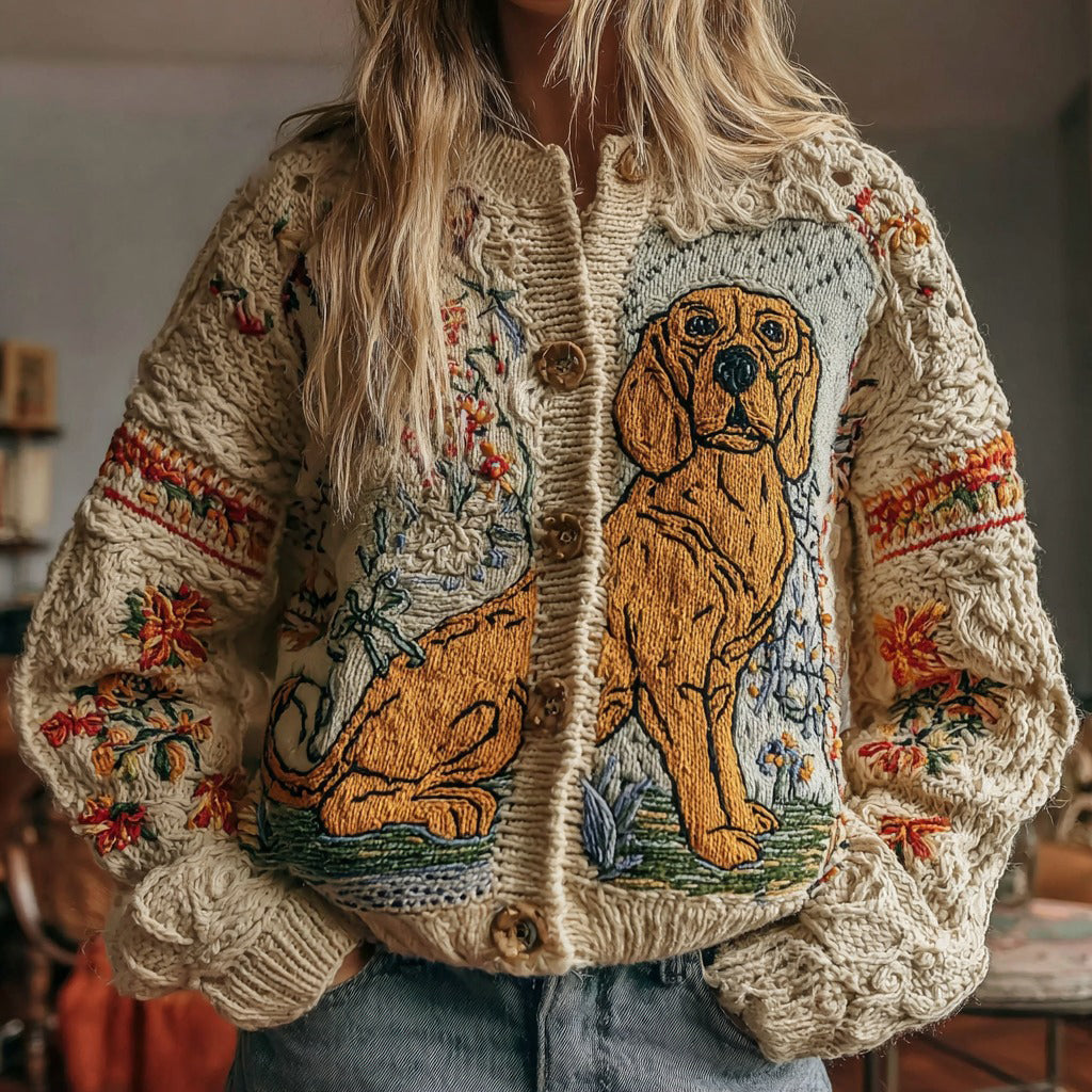 Women's Vintage Cute Dog And Floral Art Warm Knit Cardigan artswardrobe