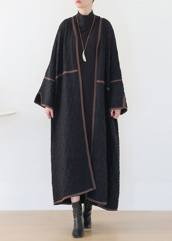 Black V Neck Patchwork Woolen Trench Coats Long Sleeve
