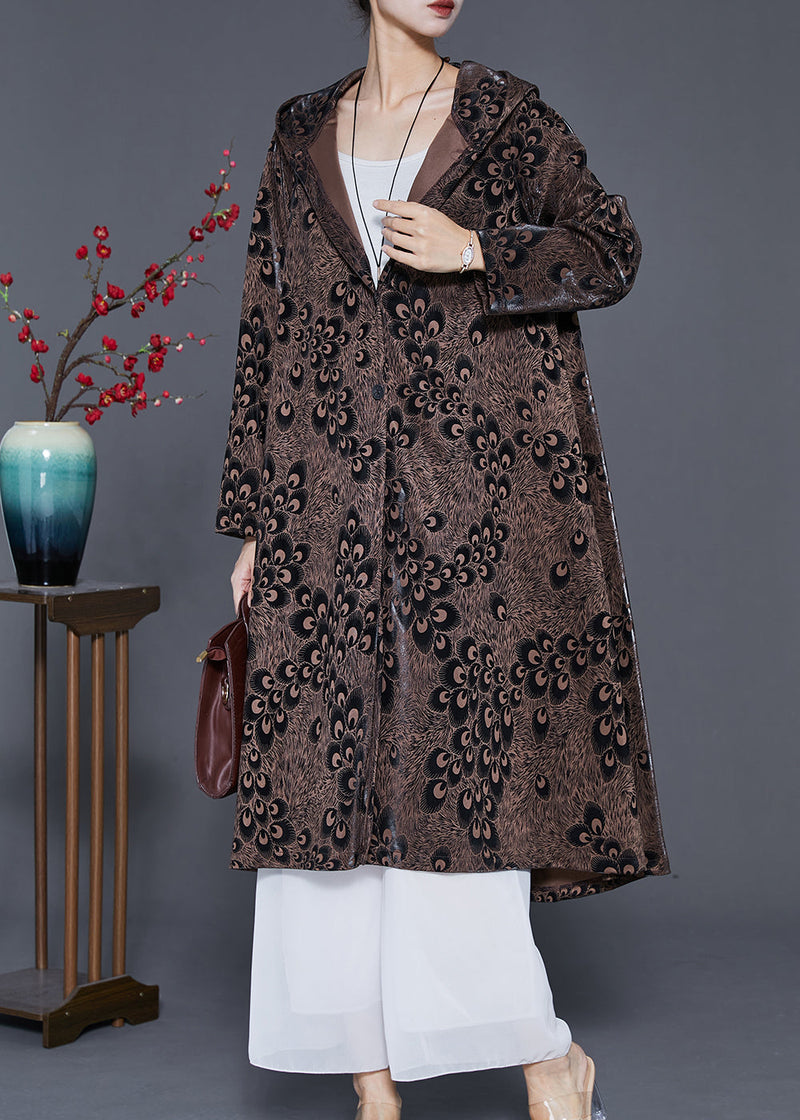 Brown Hooded Print Spandex Coat Outwear Spring