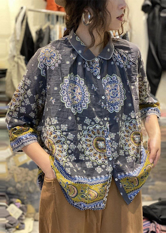 Peter Pan Collar Print Button Linen Shirt Tops Long Sleeve