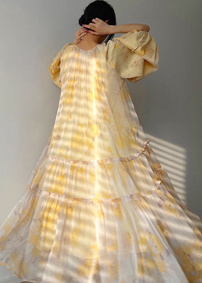 Vogue Yellow O-neck Print Tie Waist Chiffon Maxi Dresses Long Sleeve