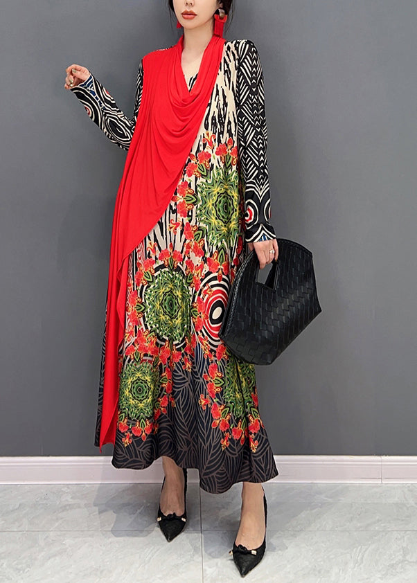 Red V Neck Print Patchwork Cotton Long Dresses Fall
