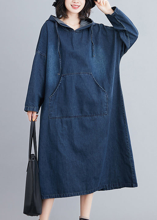 Denim Blue Hooded Pockets Denim Long Dress Spring