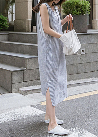 Blue V Neck Side Open Striped Cotton Beach Dress Summer