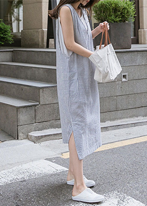 Blue V Neck Side Open Striped Cotton Beach Dress Summer