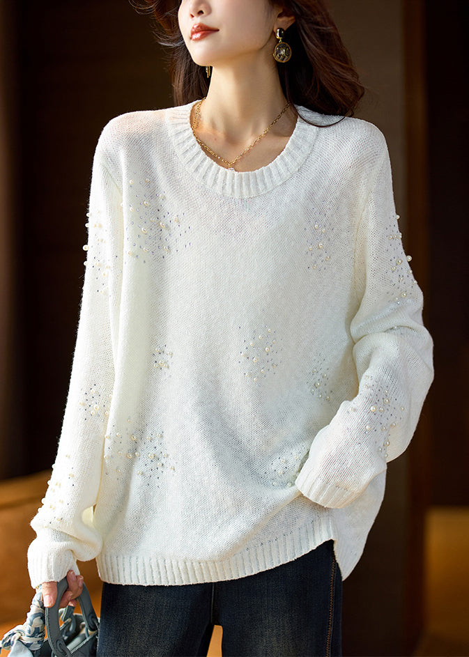 White O Neck Pearl Zircon Knit Sweater Spring