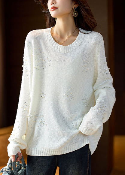 White O Neck Pearl Zircon Knit Sweater Spring