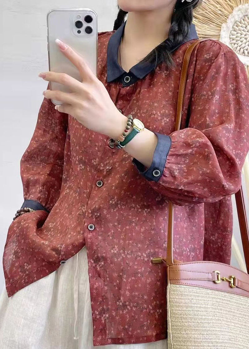 Brick Red Peter Pan Collar Print Linen Shirt Tops Summer