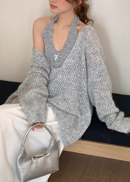 Natural Grey Oversized Halter Knit Two Piece Set Outfits Winter