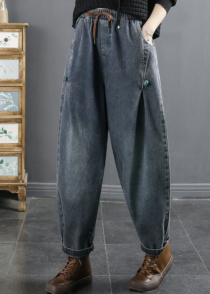 Blue Pockets Patchwork Elastic Waist Cotton Denim Harem Pants Fall