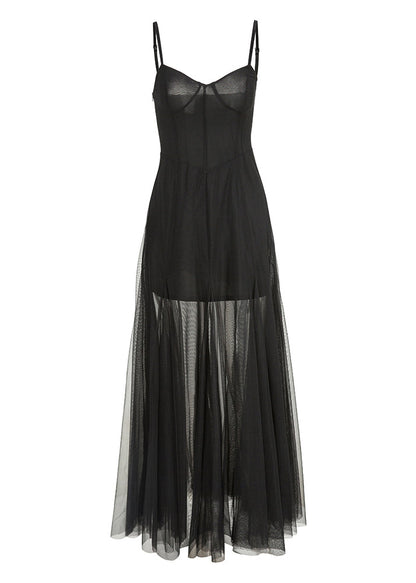 French Black Slash Neck Tulle Holiday Long Slip Dress Sleeveless Summer