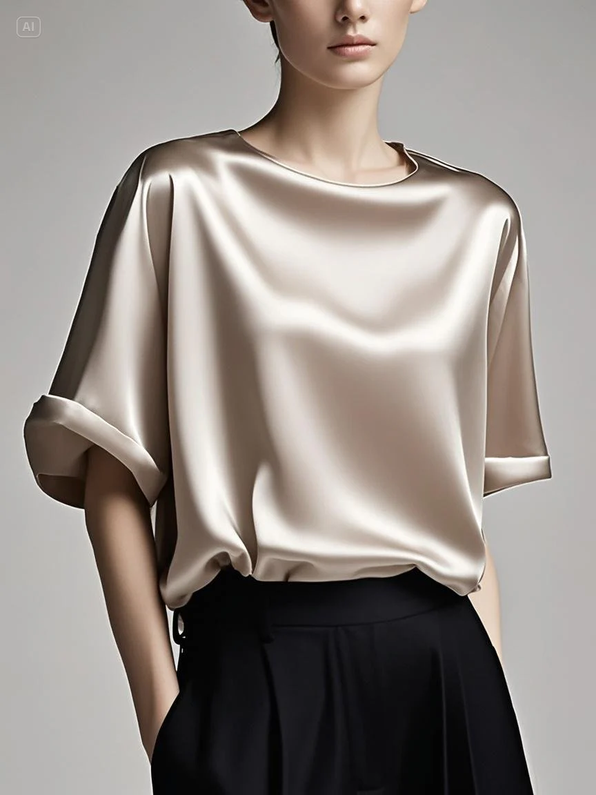 Fitted Pink Patchwork Silk Top Summer Short Sleeve