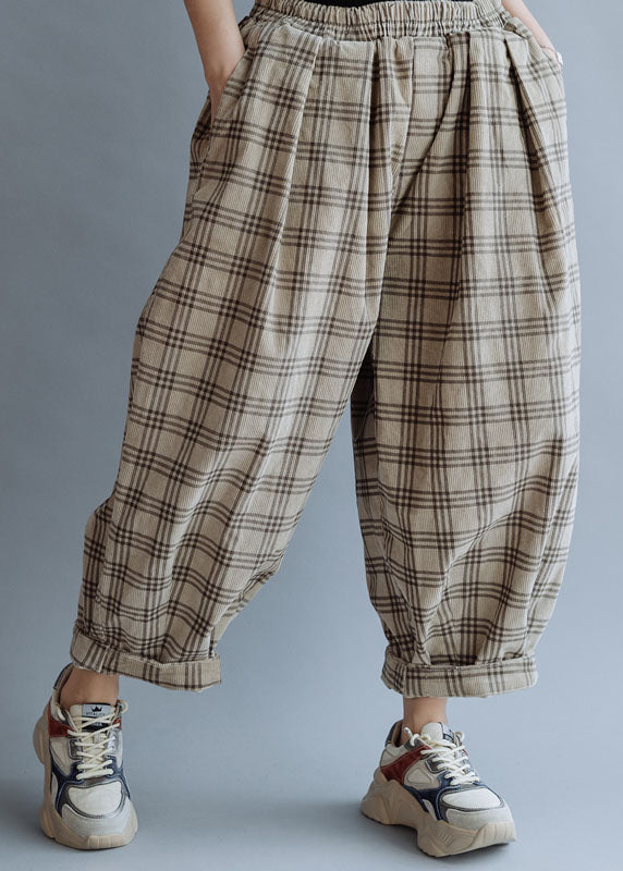 Boutique Beige Elastic Waist Plaid Cotton Pants Spring
