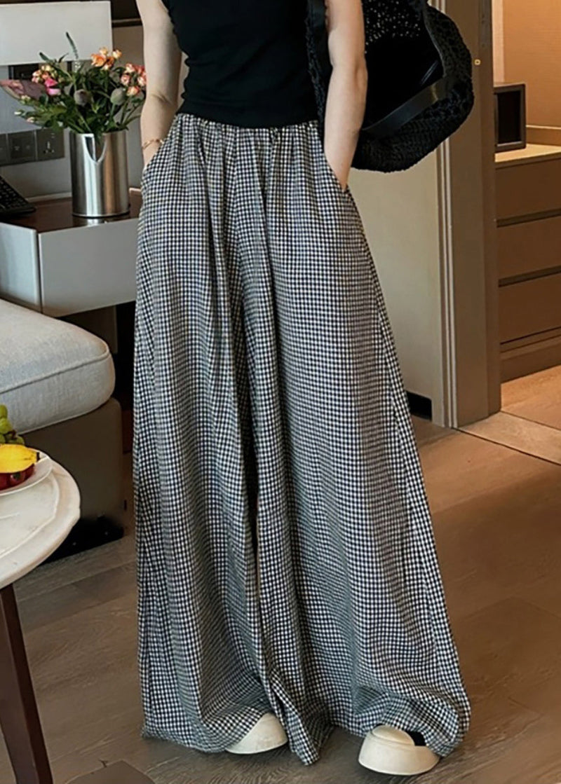 Black Plaid Pockets Elastic Waist Wide Leg Pants