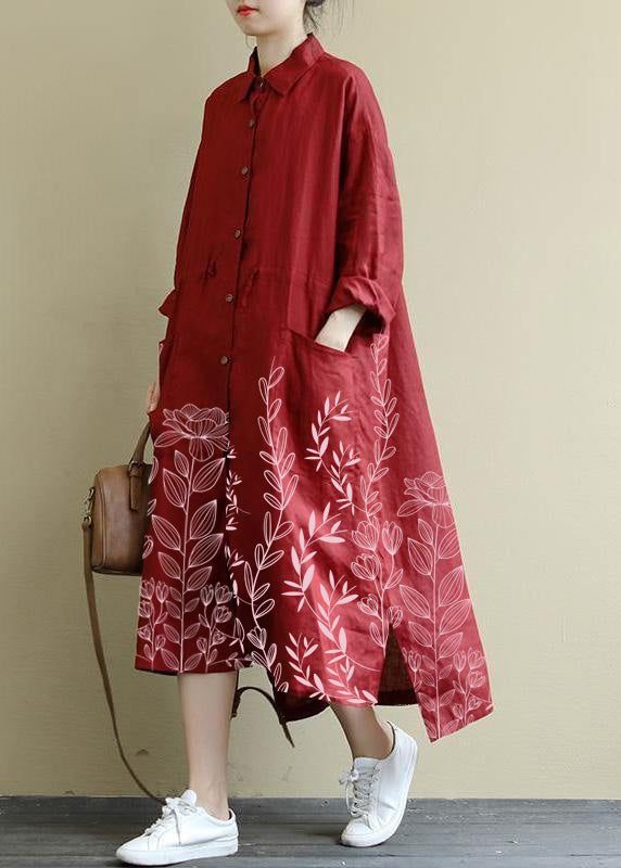 Red Flower Linen Shirt Dress Oversize Spring Maxi Dresses