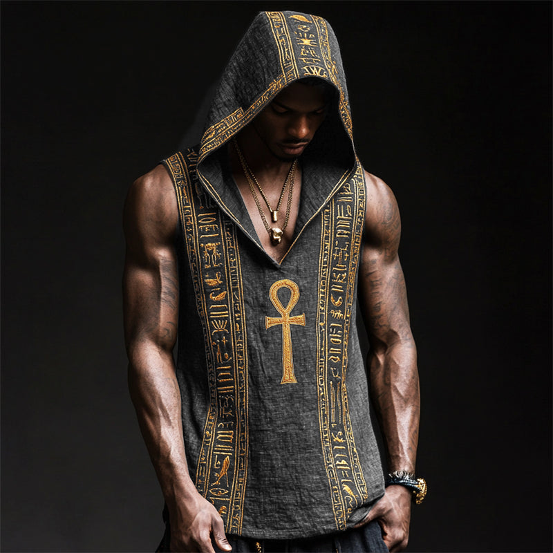 Men's Ankh Ancient Egyptian Embroidered Hooded Linen Tank artswardrobe