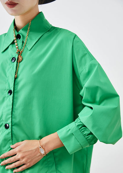 Green Asymmetrical Button Down Cotton Shirt Fall