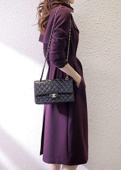 Dark Purple Notched Pockets Trench Coats Long Sleeve