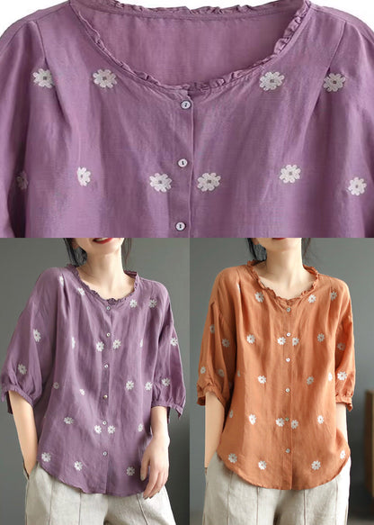 Purple O-neck Print Linen Top Summer