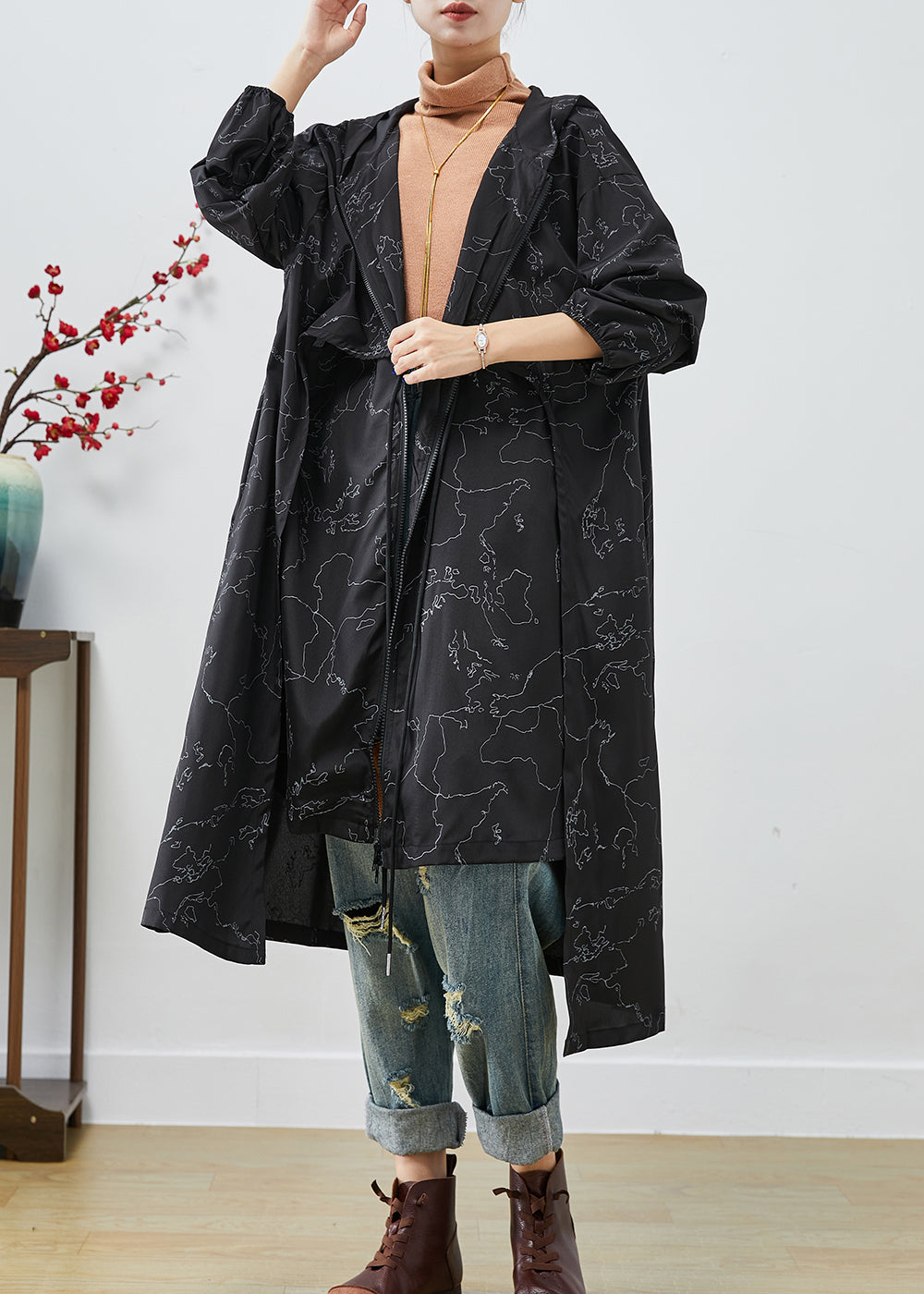 Black Asymmetrical Print Drawstring Spandex Trench Coats Fall
