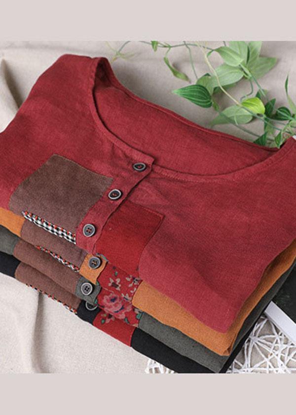 Black Patchwork Shirt Short Sleeve Cotton Linen