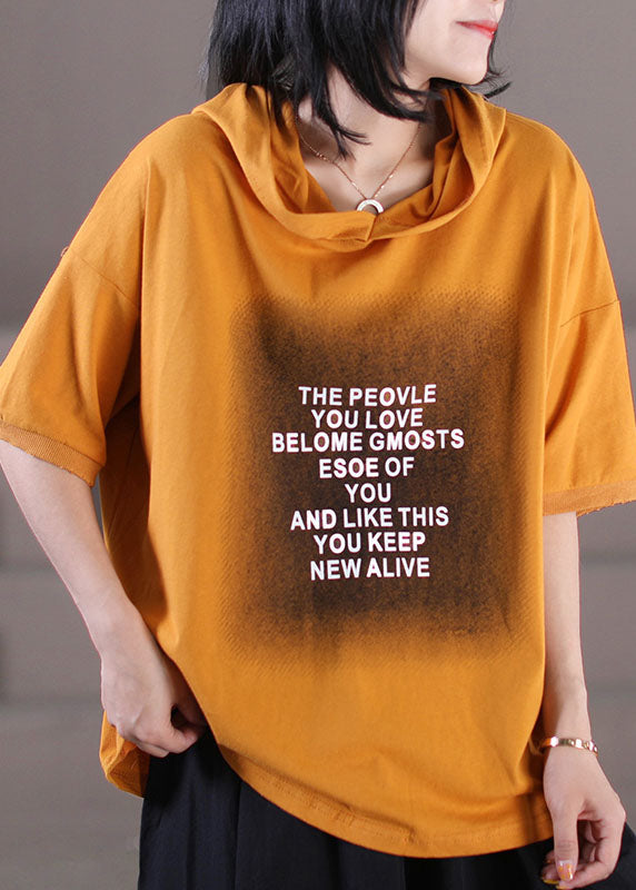 French Orange Hooded Letter Print Cotton Pullover Short Sleeve