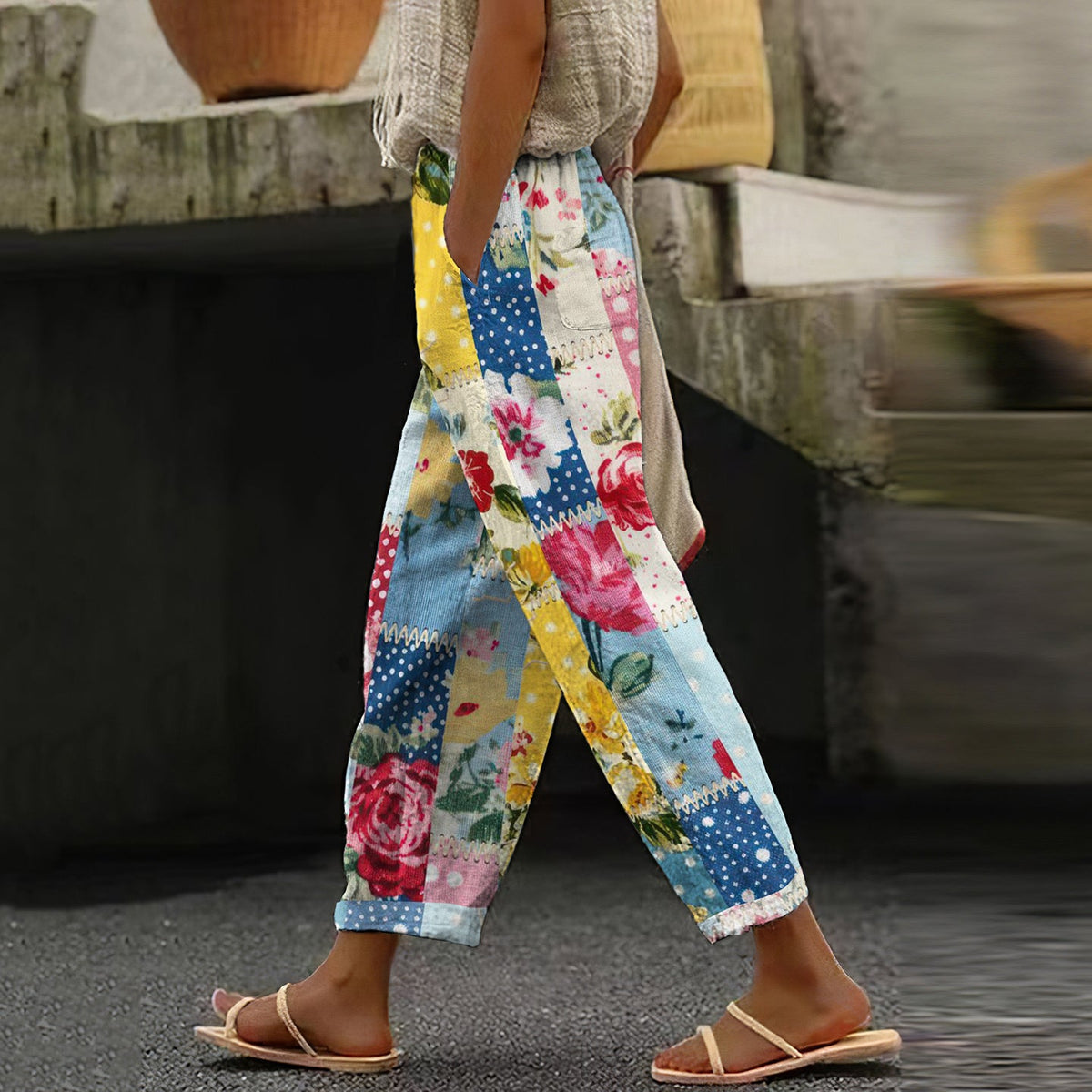 Women's Vintage Floral Patchwork Cotton And Linen Casual Pants artswardrobe