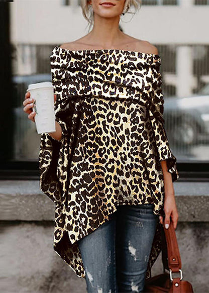 Slash Neck Asymmetrical Design Off the Shoulder Leopard Print Top Summer